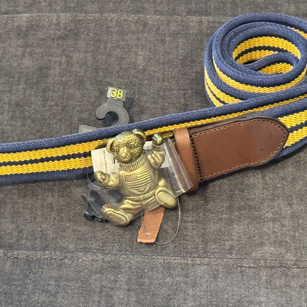 Ralph Lauren Polo Big Bear Men's Blue and Yellow Striped Belt. Sz 38